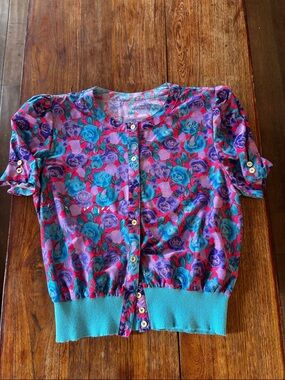 Floral Button-Front woman’s Top in Teal & Purple vintage 80s